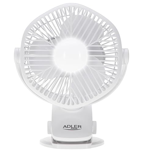 ADLER EUROPE Wentylator stołowy z akumulatorem i zaciskiem - Wentylator USB z oświetleniem LED - 3 prędkości i możliwość obrotu o 360° - Wentylator z zaciskiem 15,3 x 10,5 x 19,9 cm - Biały