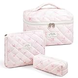 Quilted Makeup Bag, Large Capacity Travel Cosmetic Bag for Women and Girls, Aesthetic Storage for Daily and Travel Use (3PCS-Pink SlimBow)