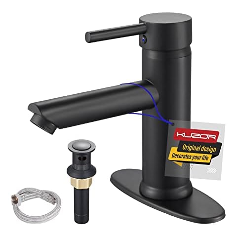 KUZOR Bathroom Faucets 1 or 3 Hole Single Handle Bathroom Sink Faucet Solid Brass Matte Black Bathroom Faucet with Optional Deck Plate 4 Inch Centerset Pop Up Drain and Water Supply Hoses Included Cover