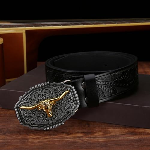 Image of Mens Western Cowboy Cowgirl Faux Leather Belt Longhorn Bull Pattern Letter Big Buckle Embossed Floral Belts