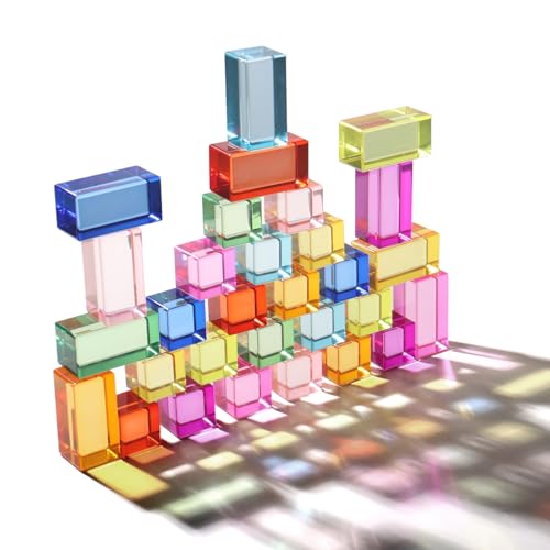 30 Pcs Mixed Acrylic Blocks Set - 10 Long (2.5x2.5x5CM) + 20 Cube (2.5x2.5x2.5CM) Rainbow Gem Blocks Sensory Stacking Toy for 1 2 3 4 Years Old Boys Girls Gift with Rich Building Possibilities