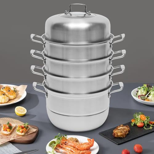 Olla de vapor con tapa de cristal 304 de acero inoxidable 304, acero inoxidable, 5 niveles, olla de cocción de inducción, olla de cocción lenta para cocinas de gas, placas de inducción, 32 cm, color