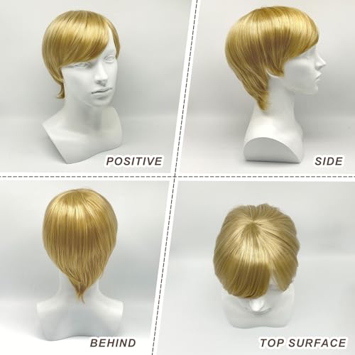 UILYNIU Blonde Short Wig For Men, Natural Fluffy Layered Cosplay Hair Wig, Handsome Men Boyband Wig Adult Fancy Dress Short Wigs 60s 70s 80s Disco Short Anime Costume Wigs Daily Use Wigs (Blonde) - Image 4
