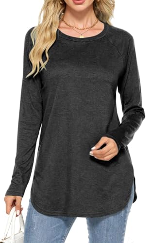 Teesho Damen Longshirt Langarm Elegant Oberteile Baumwolle Tshirt Casual Langarmshirt Tops Tunika (schwarz/XXL)