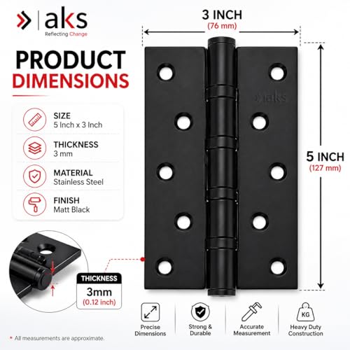 Image of AKS Stainless Steel Four Ball Bearing Hinges for Main Door, Office, Home & Bathroom Doors 5 Inch Length 3 Inch Width 3mm Thickness Hinges | 5 Years Warranty (Pack of 6, Matt Black)