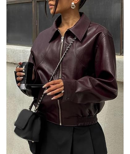 SOMTHRON Women's Oversized Faux Leather Jacket Long Sleeve Boyfriend Motorcycle Full Zip Up Bomber Coats Outerwear4