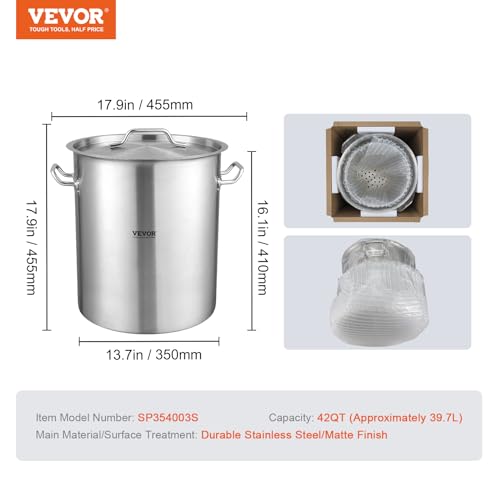 VEVOR-Stainless-Steel-Stockpot-42-Quart-Large-Cooking-Pots-Cookware-Sauce-Pot-with-Strainer-Lid-and-Handle-Heavy-Duty-Commercial-Grade-Stock-Pot-Sanding-Treatment-for-Large-Groups-Events-Silver