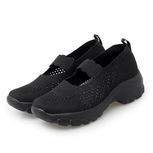 Women's Knitting Platform Wedge Orthopedic Mary Jane Walking Shoes Comfortable Breathable Mesh Elastic Ankle Strap Arch Support Memory Foam Sole Gym Running Sneakers