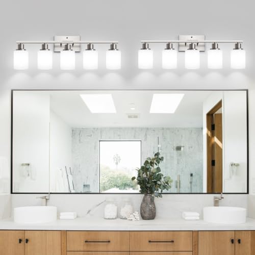 Image of MOKATNG 5-Light Vanity Light with Milky White Shades, Brushed Nickle Bathroom Lighting Fixtures Over Mirror, Modern Bathroom Wall Lamp for Mirror Living Room Cabinet Bedroom