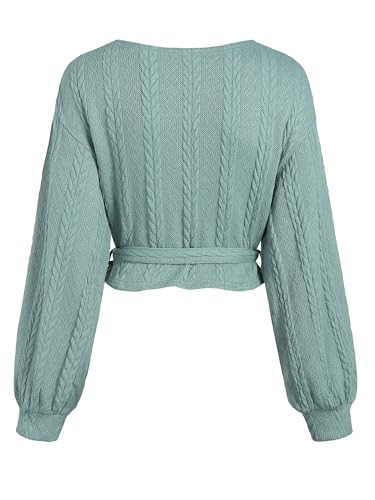 Image of ZAFUL Women's V Neck Sweater Lantern Long Sleeve Pullover Cable Knit Cross Crop Top Casual Tie Wrap Tunic Jumper Blouses