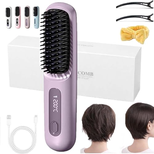 2026 New Brosse Chauffante Pour Cheveux Courts,Portable Straightener Brush For Short Hair Styling Tools,Usb Rechargeable,3 Heat Settings & Led Screen For All...