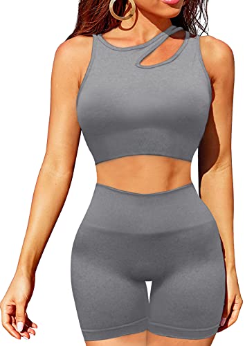 OLCHEE Women's Sexy Workout Set 2 Piece Tracksuit - Seamless High Waist Shorts Leggings and Sports Bra Tank Top Yoga Outfits - Grey Size M