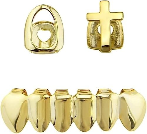 Retzjorv 18K Gold Plated Hip Hop Teeth Grillz Caps 2Pc Single Top And 6 Bottom Grills Vampire Fangs Teeth Grillz For Men Women (Gold) #TOP14