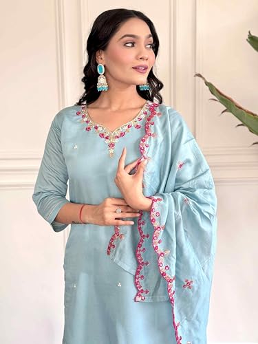 Image of Shiv Textiles Women's Viscose Rayon Embroidered Kurta Pant Dupatta Set