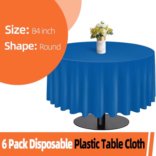 Image of tujol Royal Blue 6 Pack Plastic Table Cloth 84 inch, Disposable Round Tablecloth Table Cover, Plastic Tablecloths for Parties