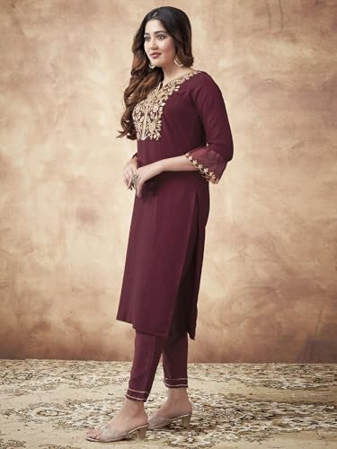 Image of Sanisa Women's Chinnon Embroidery Straight Kurta with Pant and Embroidery Dupatta (38KBD477NZ-S Maroon)