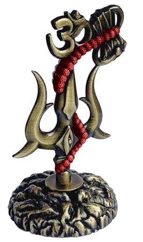Image of Shivji Trishul Damru and Aum Idol for Mandir, Car Dashboard Statue Metal Showpiece for Pooja Room Home Decor, 10 cm, Antique Brown