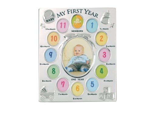 EverGreen - Cornice portafoto placcata in Argento antiossidante, Motivo: My First Year, per Neonato, per 1 Foto da 10 x 13 cm e 12 Foto da 4 x 5 cm (Lingua Inglese)