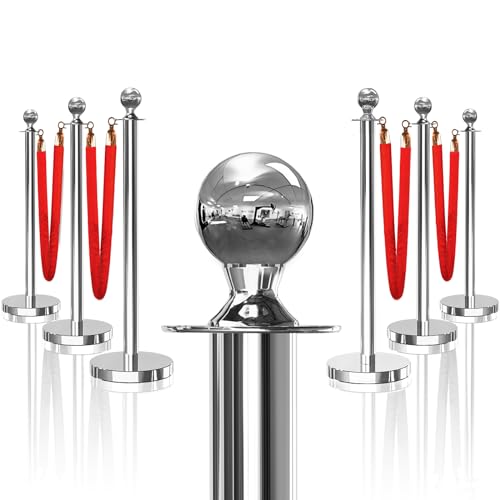 6PCS Silver Stanchions Posts with 4PCS 5 ft Red Velvet Rope, Red Velvet Rope Stanchion Set Crowd Control Barriers, Stanchions and Velvet Ropes Red Carpet Poles for Party Supplies