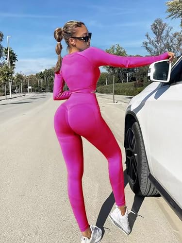 YOAKUKA 2 Piece Workout Legging Sets for Women Yoga Gym Outfit Seamless Long Sleeve Athletic Active Wear Tummy Control4