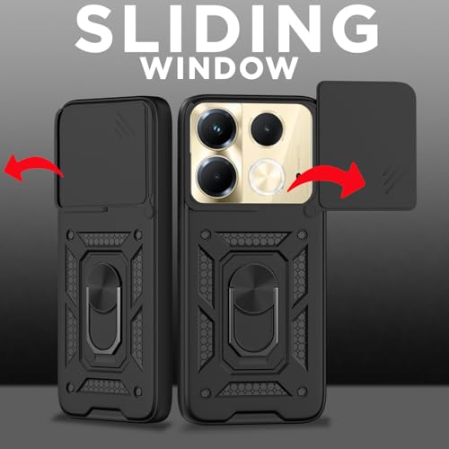 Image of Pikkme Back Cover for Infinix Note 40 5G | 360 Protection Case | Sliding Camera Shield Cover & Ring Holder Stand D10 Tough Armor Bumper Case (Black)