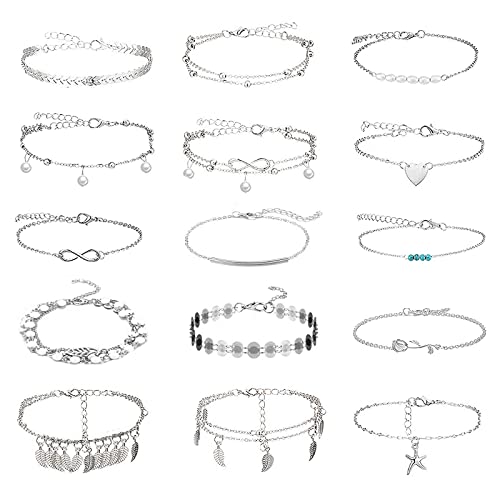 Bracelet de Cheville Classique 15 Pièces Chaine de Cheville pour Femme Facilement Ajustable Chaîne de Cheville de Plage Réglable Boho Bijoux de Pied Set pour Femmes Filles Cover