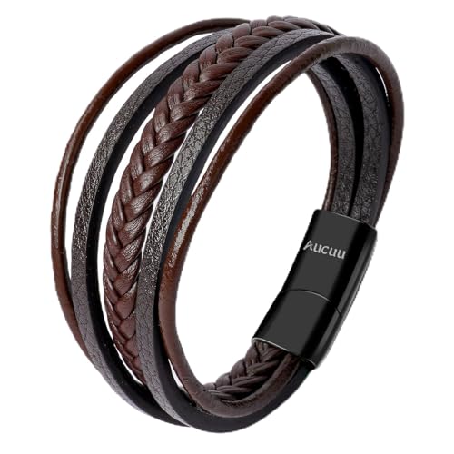Aucuu Pulsera de Cuero Trenzado para Hombre, Pulsera de Cuero Premium con Cierre Magnético de Acero Inoxidable, Pulseras para Niños, Regalo de Cumpleaños para Hombres   Marrón