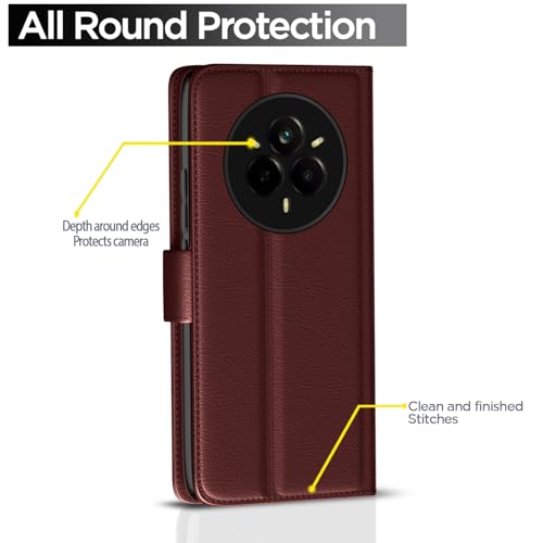 Image of Pikkme Flip Cover Leather Finish | Inside TPU with Card Pockets | Wallet Stand and Shock Proof | Complete Protection Button Flip Case for Realme 14 Pro 5G(Brown)