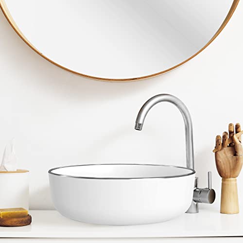 Lifezcime 16.5" Round Ceramic Bathroom Sink, Above Counter Circle Vessel, Luxury Sliver Rim Bathroom Vessel Sinks, White Modern Lavatory Bowl Basin #TOP5