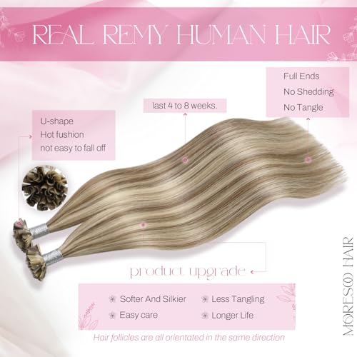 Image of Moresoo K Tip Hair Extensions Real Human Hair, Beige Brown Blonde, 20 Inch | 50g 50 Strands, Keratin Bonded Tips, Long Straight Hair, Blonde Highlight Blend, Professional Installation