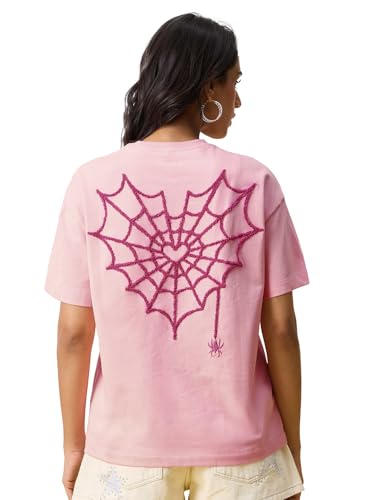 Image of The Souled Store Spider-Man: Ghost Web Women and Girls Short Sleeve Round Neck Light Pink Embroidered Cotton Breathable Streetwear Casual Everyday Trendy Oversized T-Shirts