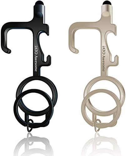 iATO Contactless Door Opener Keychain Tool w Soft Silicone Stylus Tip & Bottle Opener, Go Touch Free at Public Places with Small & Handy Zinc Alloy No Touch Key Tool {Black & Silver} - 2 Pcs