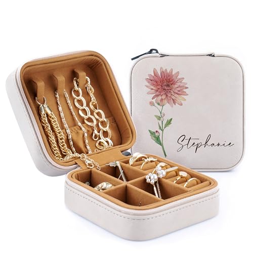 Personalized Leather Jewelry Box with Colorful Birth Flower Month & Name - Soft Pink - Personalized Jewelry Travel Case for Women, Customized Jewelry Organizer Box Gifts for Mom