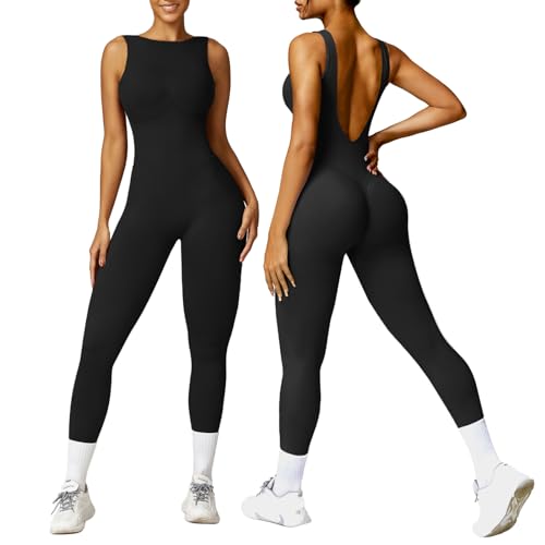 Oeak Womens Sleeveless Jumpsuits Crew Neck Unitards Scrunch Butt Tummy Control Romper Full Length Seamless Workout Bodycon Black Xs cover