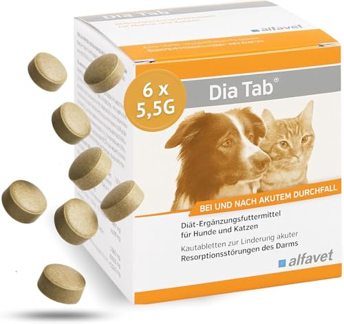 alfavet Dia Tab 6 x 5,5 g – Diät-Ergänzungsfuttermittel für Hunde & Katzen – Mit pflanzlichen Inhaltsstoffen zur Regulierung der Verdauung & Darmflora – Kautabletten mit Präbiotika