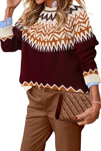 Image of EARKOHA Women's Casual Mock Neck Ribbed Sweater Pullover 2026 Fall Long Sleeve Print Fair Isle Sweater Top
