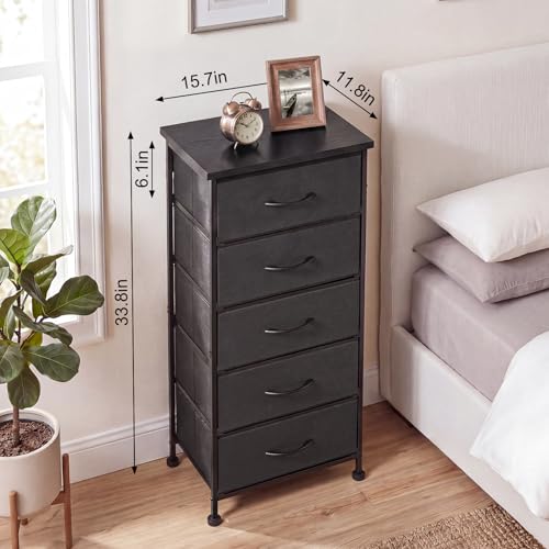 Image of Fixwal Black Tall Skinny Dresser for Bedroom, Narrow Storage Dresser Organizer with 5 Fabric Drawers, Nightstand Furniture in Closet, Entryway, Hallway