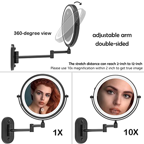 Ruacq Rechargeable Makeup Mirror Matte Black Double Sided Vanity Mirror With Lights Round 1X/10X Magnification 8 Inch Led Magnifying Mirror Stainless Steel And Zinc Alloy Modern Wall Mounted #TOP4