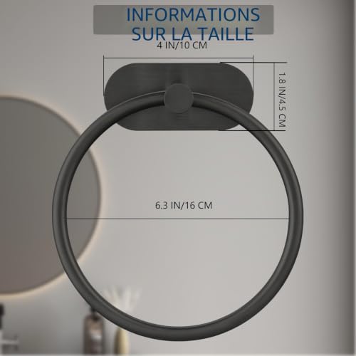 Lot de 2 Anneaux Porte-Serviettes Auto-adhésifs pour Salle de Bain, Cuisine, avec adhésif Puissant, sans perçage, en Acier Inoxydable, antirouille - Organiseur Moderne de Salle de Bain Noir Mat – vue 3