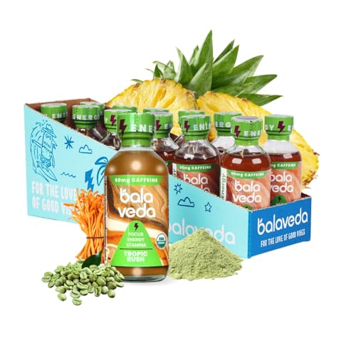 balaveda Tropic Rush Energy Shot with Organic Matcha, L-Theanine, Cordyceps, Eleuthero, and Vitamin B12 – Mint Pineapple Flavor – Clean and Sustained Energy Support – 2 Fl Oz Bottles (Pack of 12)