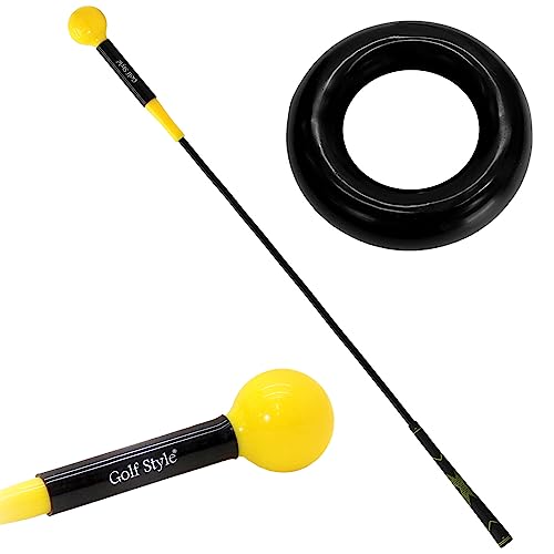 GolfStyle ゴルフ練習器具 スイングトレーナー ウエイトアップ セット 重り 140g ウエイトリング ゴルフ トレーニング器具 スイング練習 室内 屋外 素振り 飛距離 グリップ 120cmサイズ (イエロー/ブラック)