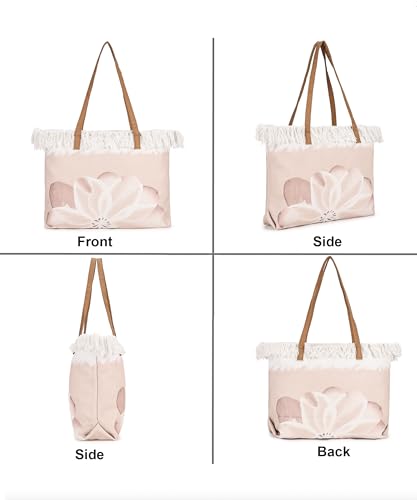 Image of GRECIILOOKS Eco Canvas Boho Tote Bag for Women, Spacious Jute Handbag with Faux Leather Straps, Frayed Edge & Floral Print, Lightweight Shoulder Bag for Beach Travel Shopping Work