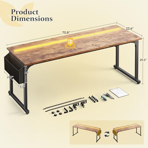 Image of DurayLoly 71 inchComputer Desk with LED Lights, Large Office Desk for 3 monitors or 2 laptops,Long Desk with Storage Bag&Headphone Hook for Study Writing Work Gaming Desk,Sturdy Metal Frame,Bedroom,Brown