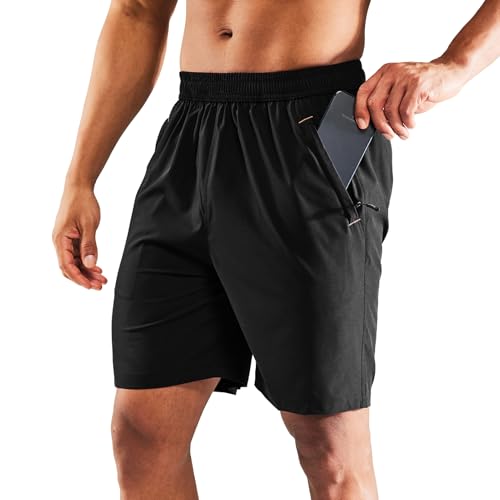 MIER Men's 7 Inch Running Gym Shorts Quick Dry Elastic Waist Athletic Workout Shorts with Zipper Pockets, Black, 2XL