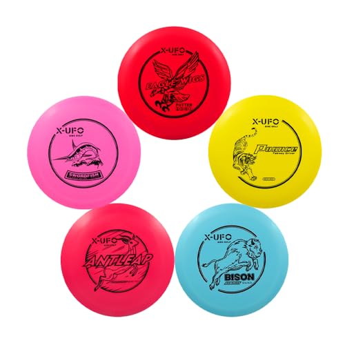 X-UFO Disc Golf Set - Disc Golf Pro Starter Set 5 Pack with Putter,Driver,Mid-Range,Mini Discs,157-175g for Training & Outdoor Sports (TPE-5YPRRB)