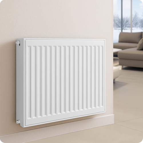 Belvit Radiador plano universal compacto, válvula de 6 conexiones, tipo T33, 400 x 2600, 3237 W, blanco puro RAL 9016, acero, DIN EN 442, incluye válvula y soporte de pared, para colgar en la pared