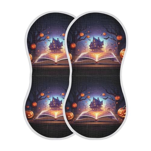 Muslin Burp Cloth for Baby 2PCS Halloween Cartoon Book Castle Super Absorbent Burping Cloths, Bibs for Newborn Boys Girls