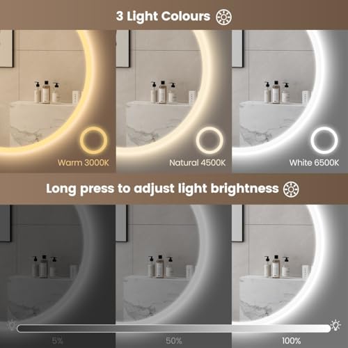 Image of Modern Round LED Wall Mirror || Trio Color Lighting, Antifog Heating, Stepless Dimmer & Memory Recall for Vanity& Bathroom. (24x24inches)