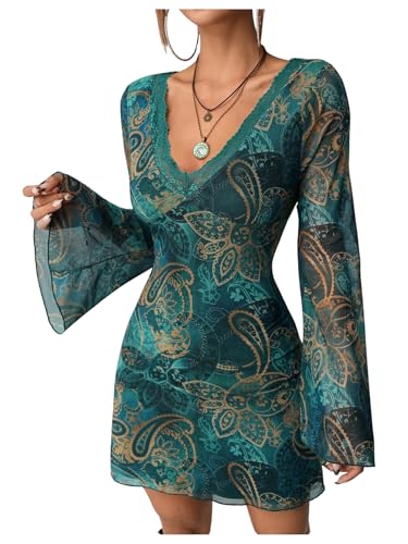 Milumia Womens Paisley Print Long Bell Sleeve Mini Dress Lace Trim V Neck Short Dresses 2000s Clothing Multicolor Medium