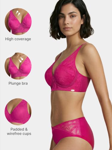 Image of Enamor Bamboo Cotton IB25, Women's Lace Plunge Bra - 3X Softer, 4X More Absorbent, Antimicrobial, Padded, Wirefree, High Coverage